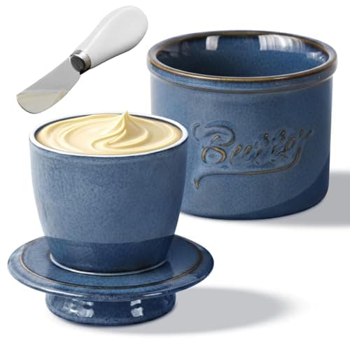 Image of French Butter Crock with Spreader, Ceramic Butter Dish with Water Line for Fresh Spreadable Butter, Reactive Glaze, Blue