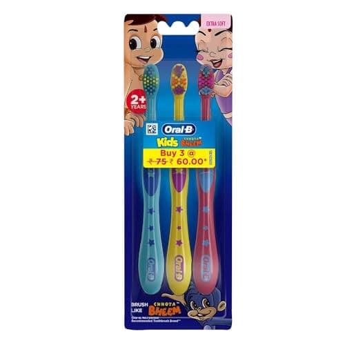 Image of Oral-B Kids Chhota Bheem Manual Toothbrush, Extra Soft Bristles, Easy To Hold Handle Pack Of 3 (Age 2+), Multicolour