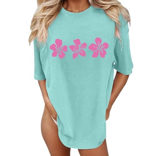 Image of Graphic T-Shirt Women's Cotton Y2K Shirt Large Sizes Floral Pattern T-Shirt Vintage Summer Tops Oversize Breathable T-Shirt Teenager Girls Short Sleeve Crew Neck Blouse Tee Tops, O Mint Green, S