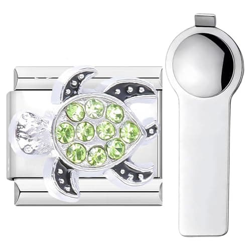 Image of ZEKW Personalized Marine Life Charm – 9mm Stainless Steel Italian Link Bracelet Accessory with Installation Tool (Green Sea Turtle)