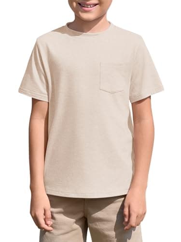 Image of Haloumoning Boys' T-Shirt Short Sleeve Crew Neck Tops Kids Summer Plain Lightweight Top Regular Fit Sports T-Shirts Casual Basic Tees with Chest Pocket 5-14 Years, Beige, 5-6 Years