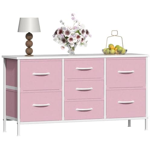 Image of GoaHi Chest of Drawers, Small Dressers with Metal Frame and MDF Wooden Top Board, Adjustable Feet, Anti-Tip Safety, Storage Unit with 7 Drawers for Bedroom, Living Room, Closet, Office Pink