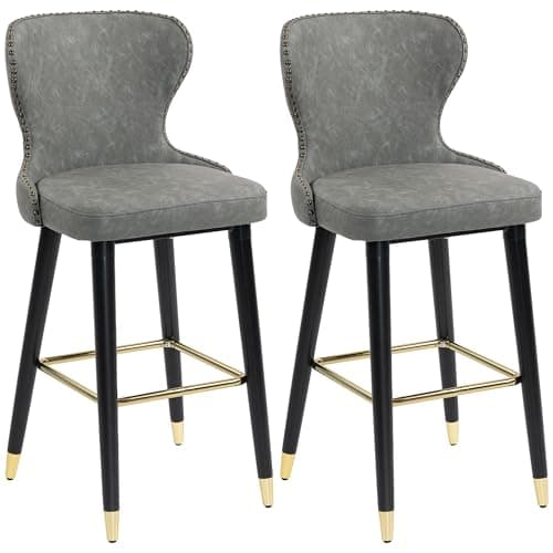 Image of HOMCOM Bar Stools Set of 2, PU Leather Barstools with Backrest, Footrest and Solid Wood Legs, Dining Stools for Kitchen, Counter, Breakfast Bar, Grey
