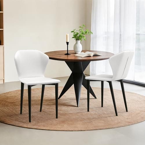 Image of LES FLEURS Modern Dining Chairs Set of 2, Upholstered Faux Leather Kitchen Chairs with Curved Backrest, Soft Cushion Seat, Armless Side Chairs, Sturdy Metal Legs for Kitchen, Living Room, Off-White