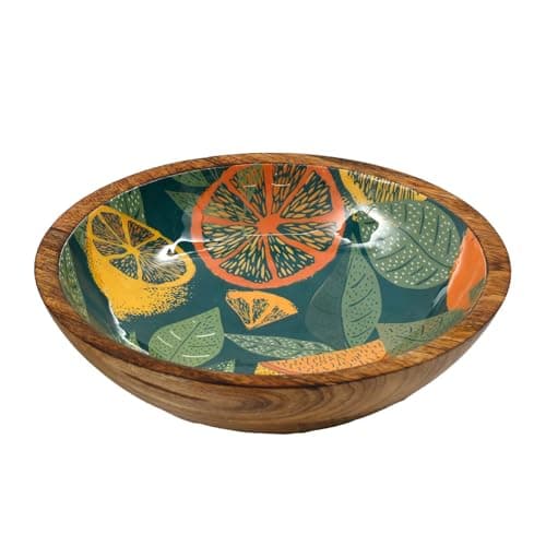Image of Teal Citrus Zest Wooden Enamel Bowl | Mango Wood Salad Fruit Bowl | Decorative Serving Dish - 25cm