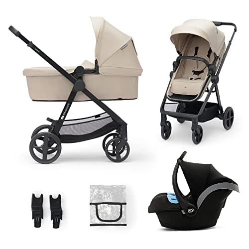 Image of Kinderkraft Newly 4 in 1, Stroller, Pushchair, Travel System, Pram, Newborn Baby, Large Hood, Accessories, Easy Folding, Included Car Seat with ISOFIX Base, from Birth up to 22 kg, Beige