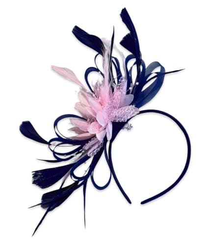 Image of Caprilite Navy Blue and Baby Pink Feather Hair Fascinator Headband Wedding and Royal Ascot Races Ladies