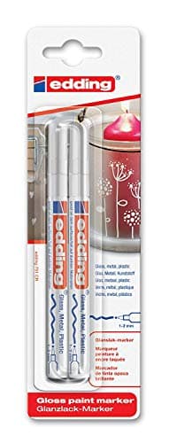 Image of edding 751 gloss paint marker - white - pack of 2 paint markers - round tip 1-2 mm - paint pen for glass, pebbles, wood, plastic, paper - waterproof, high coverage
