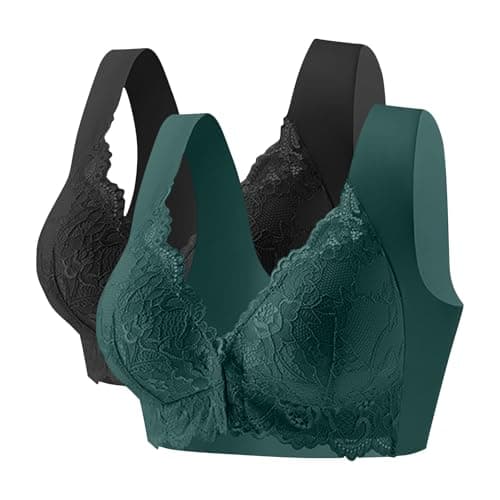 Image of Flodxo Soft Bras for Women UK Multi Pack Plus Size Full Support Wireless Bras Non Wired Push Up Front Fastening Bra 2 Pack Sexy Lace Front Closure Bra Wide Straps Comfort Bralettes Black XL
