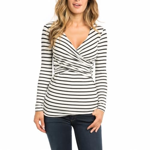 Image of SamHeng Women Long Sleeve Maternity Tops Nursing T-Shirt Lift-up Breastfeeding Shirts V Neck Nursing Top Striped Pregnancy Clothes(White, M)