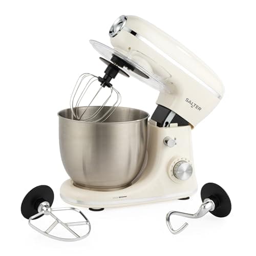 Image of Salter Retro Cream Stand Mixer – 5L Electric Food Kitchen Mixer, Stainless Steel Removable Mixing Bowl, Accessories Included, Dough Hook, Wire Whisk, Beater, 8 Speed Settings & Pulse Function, 1300W