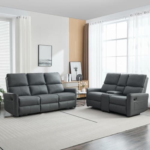 Image of More4Homes MADRID 2+3 SEATER w CONSOLE MANUAL RECLINER AIR LEATHER SOFA SET (Grey)