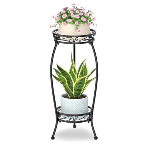 Image of VASZOLA 2 Tier Black Plant Stand Indoor Outdoor for Large Tall Flower Planters on Patio, Heavy Duty Metal Multi Vertical Rack for Narrow Floor Corner, Sturdy Round Holder Organizer Modern Mid Century