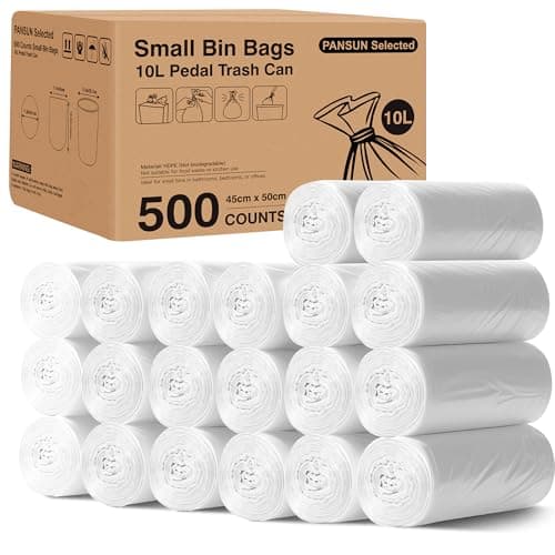 Image of PANSUN Selected 500 Pack Small Bin Bags, 10L White Unscented Pedal Bin Liners, Bulk Supply for Office, Hotel, Restaurant, School