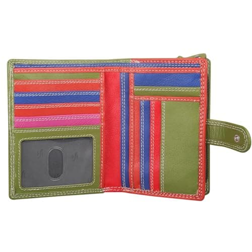 Image of STARHIDE Multicoloured Womens Purse, RFID Blocking Compact Wallet with Extra Card Capacity, Soft Genuine Leather Medium Purse with Zip Around Coin Pocket 5535 (Green/Multi)