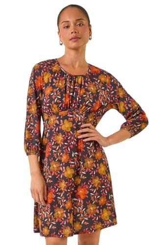 Image of Roman Women Gathered Chest Dress Ladies Stretchy Fit & Flare Swing Tea A Line Skater Knee Length Long Sleeve Midi Smart Casual Work Going Out Cocktail Party - Petite Floral Orange - Size 16
