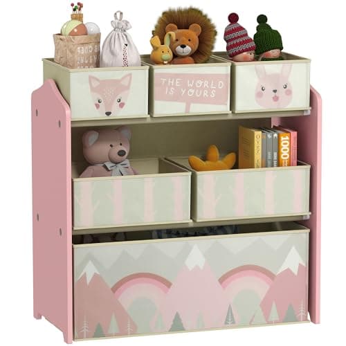 Image of ZONEKIZ Kids Storage Unit, Childrens Toy Storage Organiser, with 6 Fabric Bins, for Bedroom, Nursery, 63 x 30 x 66cm, Pink