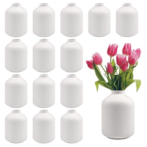 Image of 15pcs 3.8 Inch White Ceramic Bud Bulk, Boho Small Vases in Bulk for Flowers, Mini Vases for Centerpieces for Dry Flowers, Pampas Garss for Home Wedding Party Table Decor