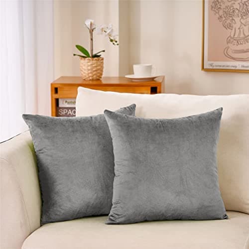 Image of Hafaa Velvet Cushions with Covers Included Set of 4 (2 Grey Cushion Covers 45 x 45, 2 Cushion Inserts) Luxury Decorative Fluffy Square Throw Pillow Cases with Invisible Zipper(18”x18”)