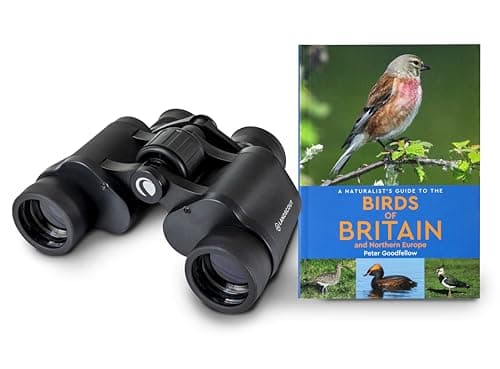 Image of Celestron 73151 LandScout 7x35mm Water-Resistant Birder Starter Kit - Rubber Grip Binoculars with Coated Lens and K9 Optical Glass, includes Birds of Britain and Northern Europe Guidebook, Black