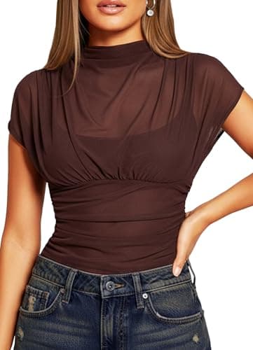 Image of HAWILAND Women Ladies Elegant Sexy Draped Sheer Mesh High Neck Vest Top Cap Sleeve Ruched Tank Top Brown Medium