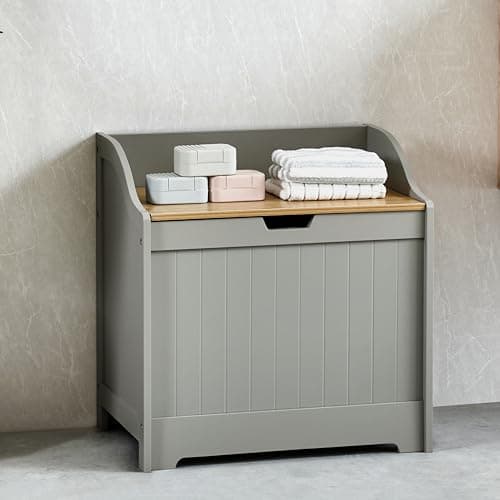 Image of Bath Vida Priano Bathroom Laundry Chest | Grey & Oak | Space-Saving Storage | 58H x 56W x 38D cm | Space-Saving Storage | Freestanding | Towel Clothes Storage | Modern Wooden Storage Unit