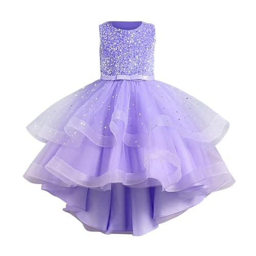 Image of Girls Sequins Glitter Wedding Tutu Dress Tiered Mesh Tulle Flowy Elegant Pageant Birthday Dresses Kids Girls Sleeveless Party Dance Short Skirt Clothes Trendy Cute Skirts (Purple, 9-10 Years)