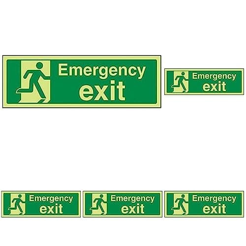 Image of VSafety 21015AX-G Safe Condition Exit Sign,"Emergency Exit", Landscape, 1 mm Glow In The Dark Plastic, 300 mm x 100 mm, Green (Pack of 5)