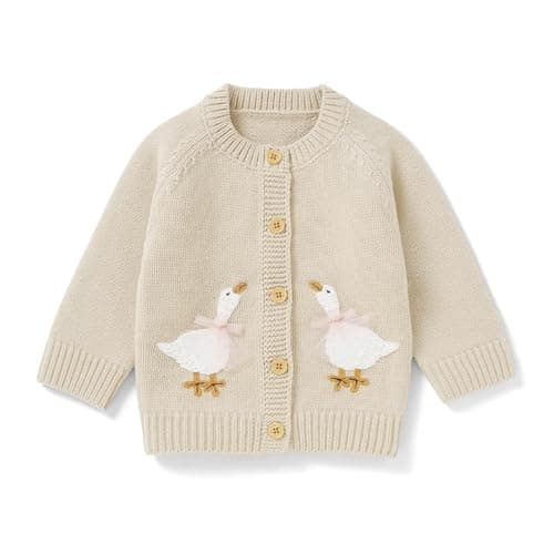 Image of DovFanny Baby Toddler Girl Boy Cardigan Warm Sweater Knitted Long Sleeve Jumpers Cozy Coats Clothes with Cute Goose (UK, Age, 9 Months, 12 Months, Camel)
