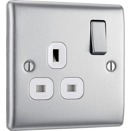 Image of BG Electrical Single Switched Power Plug Wall Socket, Raised and Slim Profile, Round Edges, Nexus Metal, Brushed Steel, White Inserts, 13A, NBS21W