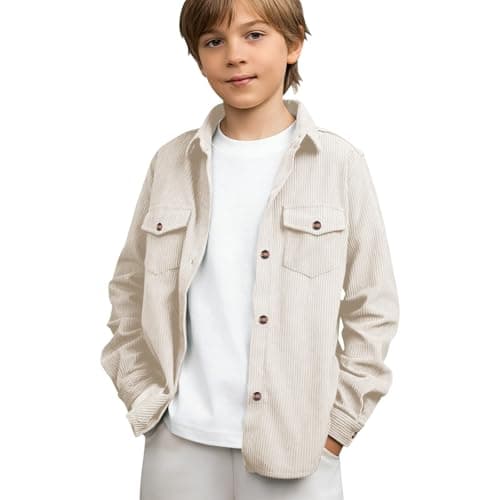 Image of Momolaa 9-10 Years Kids Corduroy Long Sleeve Shirt Jacket Shacket with Front Pockets Plain Button up Jacket Lightweight Spring Fall Casual Coat Cardigan for Girls Boys Beige