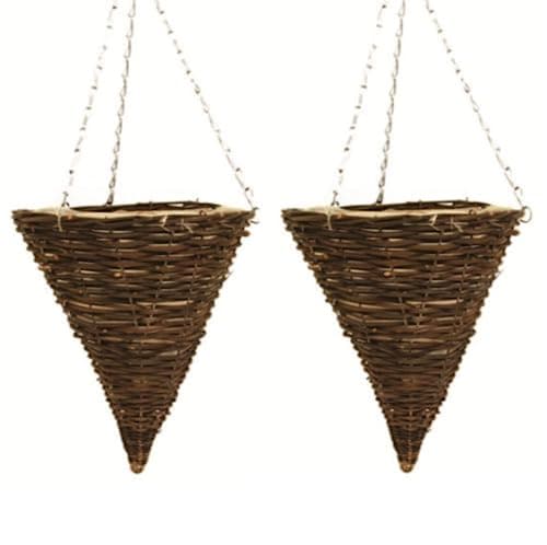 Image of Fyne-Finds Set of 2 Cone 30cm, 12inch Dark Brown Wicker Hanging Basket Lined Rattan Willow Planter