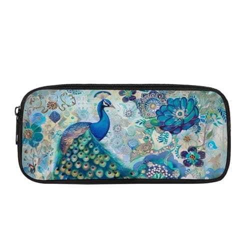 Image of Showudesigns Floral Peacock Pen Pencil Case for Girls Women Pen Box Portable Cosmetics Bag Back to School Stationery Storage Case School Organizer Blue Wallet