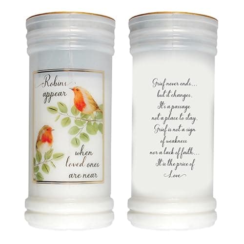 Image of 72 Hour Burn Candle in Holder 15cm White Candle Robins Appear When Loved Ones are Near 9463