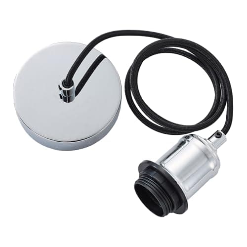 Image of Industrial Chrome Pendant Light Fitting, Metal E27 Srew Lamp Holder with Lock Ring for Shade, Metal Ceiling Rose with 100cm Adjustable Black Braided Flex Cable Ceiling Light Fixture KIT801CH