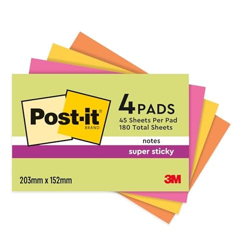 Image of Post-it Super Sticky Large Notes, 180 Sheets, Pack of 4 Pads, 203 mm x 152 mm - Holds Strong to Many Surfaces - Bright Colours - for Walls, Monitors and Fridge, Recycable
