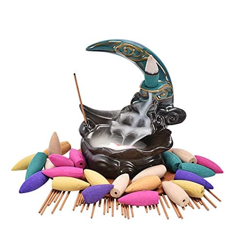 Image of Ceramic Incense Holder Backflow Handcraft Moon Incense Burner with 30 Incense Cones 1 Tweezer 1 Mat 30 Sticks for Home Decoration Ornament Aromatherapy and Meditation