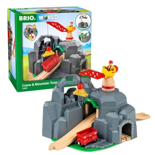 Image of BRIO World Crane and Mountain Tunnel - Wooden Railway Train Set Accessories for Kids Age 3 Years Up