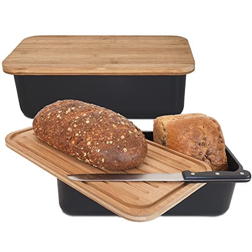 Image of Gadgy Bamboo Bread Bin - Lunch Box with Chopping Board and Lid - Bread Bin Black - Airtight, Keep Fresh - With Non-Slip Feet