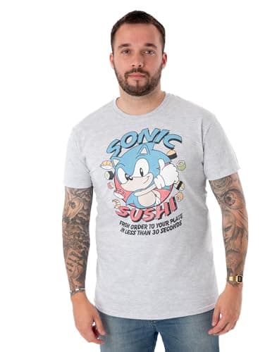 Image of Sonic The Hedgehog Mens T-Shirt | Sonic Sushi Short Sleeve Graphic Tee for Adults | Grey Short-Sleeve Top for Gamers | Lightweight Fashion Crewneck Gaming Merchandise Gift for Him
