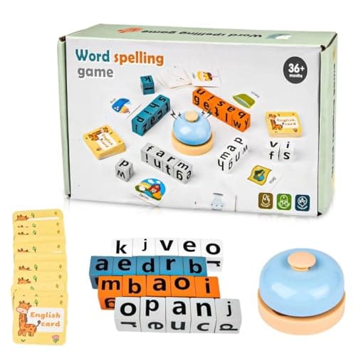 Image of Word Spelling Game, Alphabet Puzzle Set, Wooden Turn A Word Game With Bell, Educational Word Games With 64 Flash Cards & 20 Wooden Alphabet Blocks, Match and Spell Game for Toddlers Kids