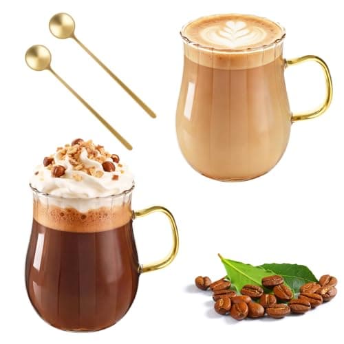 Image of LOOFORE 2 Pack Ribbed Glass Coffee Mugs with Handle, 350 ml (12 oz) Clear Borosilicate Glass Cups with Spoon, Latte Glasses for Cappuccino, Macchiato, Tea, Milk, Juice, Cold & Hot Beverages