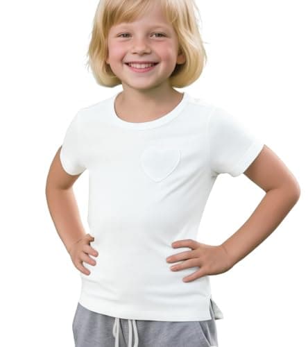 Image of Beganly Girls Short Sleeve T-Shirts Toddler Cotton Casual Tops Kids Love Heart Pocket Crew Neck Tees Ivory White 100