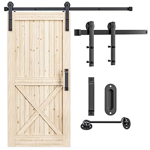 Image of Signstek 6 ft/183cm Sliding Barn Wood Door Hardware Closet Kit with Door Hook and 2 Handles J Shape
