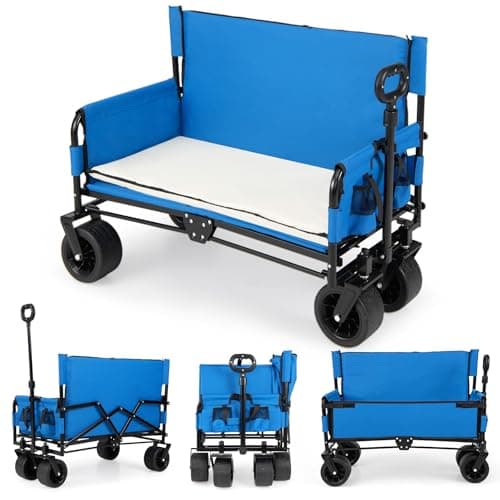 Image of COSTWAY 2-in-1 Wagon Bench Seat Combo, Collapsible Folding Trolley Cart with Adjustable Push/Pull Handle, Cushions & All-Terrain Wheels, Outdoor Transport Pull Along Carts for Camping Shopping (Blue)