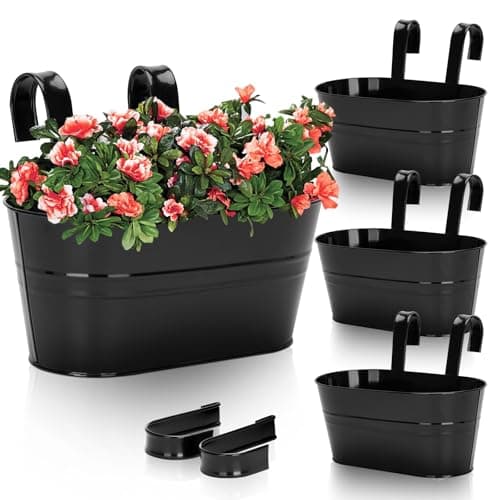 Image of KINGLAKE 4Pcs Metal Hanging Plant Pots, 27cm Black Fence Hanging Planters Flower Pots Holder Large Balcony Planters for Railing Outdoor Garden Home Décor with Detachable Hooks