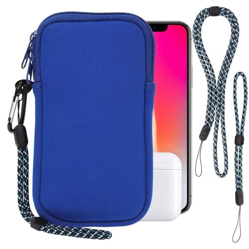 Image of Pwsap Phone Sock, Universal Shock & Impact Resistant Neoprene Pouch with Carabiner and Lanyard Strap Sleeve Case for Hiking & Travelling Phone Bag Fits Phones up to 7 Inches, Light Blue, M