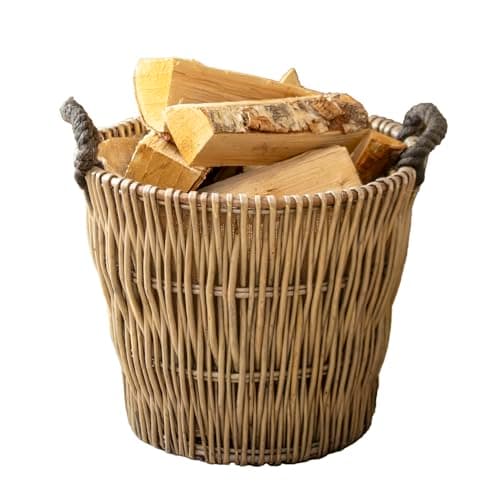 Image of Antique Wash Wicker Tapered Log Basket Lined Fireplace Wood Storage Rope Handles