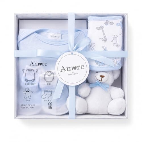 Image of Newborn Baby Gift Set for Boys – 4 Piece Blue Baby Gift Box with Bodysuit, Bib, Socks & Soft Toy – Newborn Essentials for Baby Shower Gifts, Baby Boy Gifts, New Baby Gift Hamper (Blue 0-3 Months)