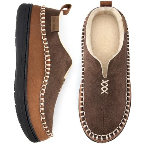 Image of EverFoams Men's Micro Suede Memory Foam Moccasin Slippers with Fuzzy Sherpa Lining and Anti-skid Sole Coffee Size 10 UK